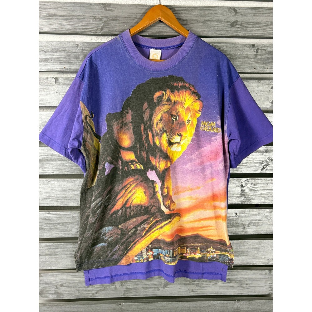 Vintage 1993 MGM Grand Las Vegas Lion T-Shirt XL/L Purple All Over Print 90s USA